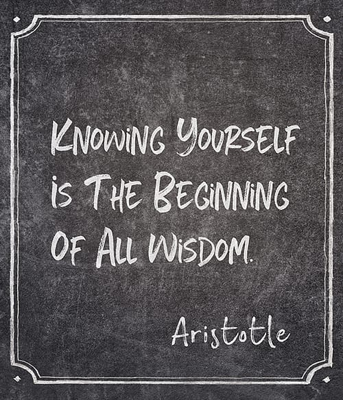 Knowing yourself is the beginning of all wisdom - ancient Greek philosopher Aristotle quote written on framed chalkboard